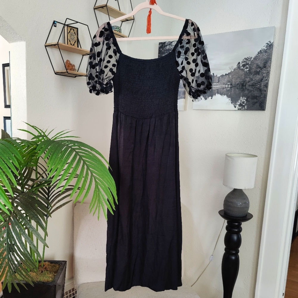 SHEIN Black Midi Thigh Slit Dress with Off Shoulder Tuille Belle Sleeves